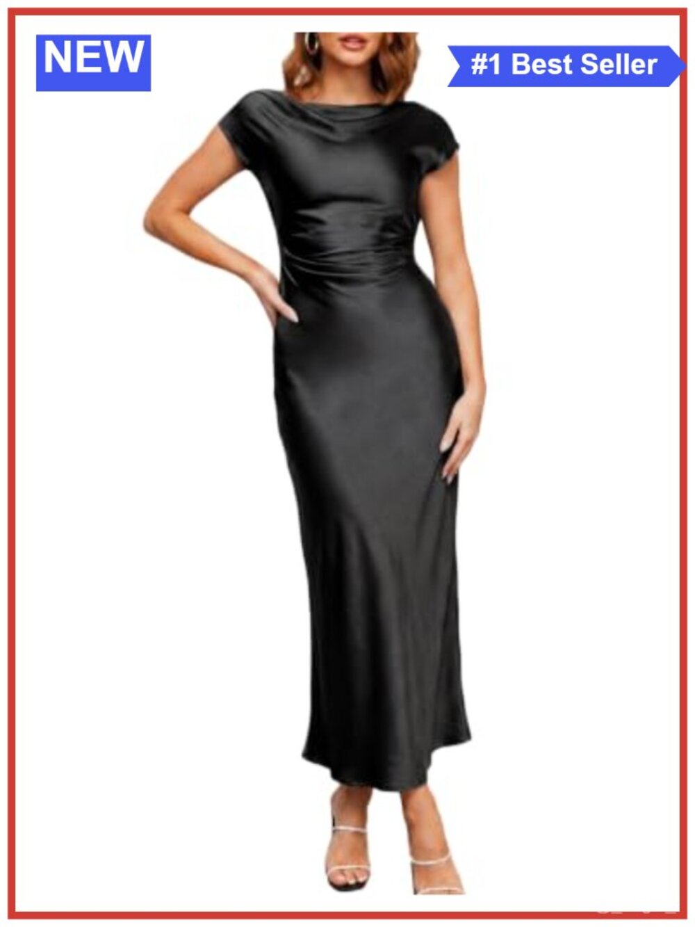 Women's Formal Satin Midi Dress Backless Cowl Neck Cap Sleeve Cocktail Party
